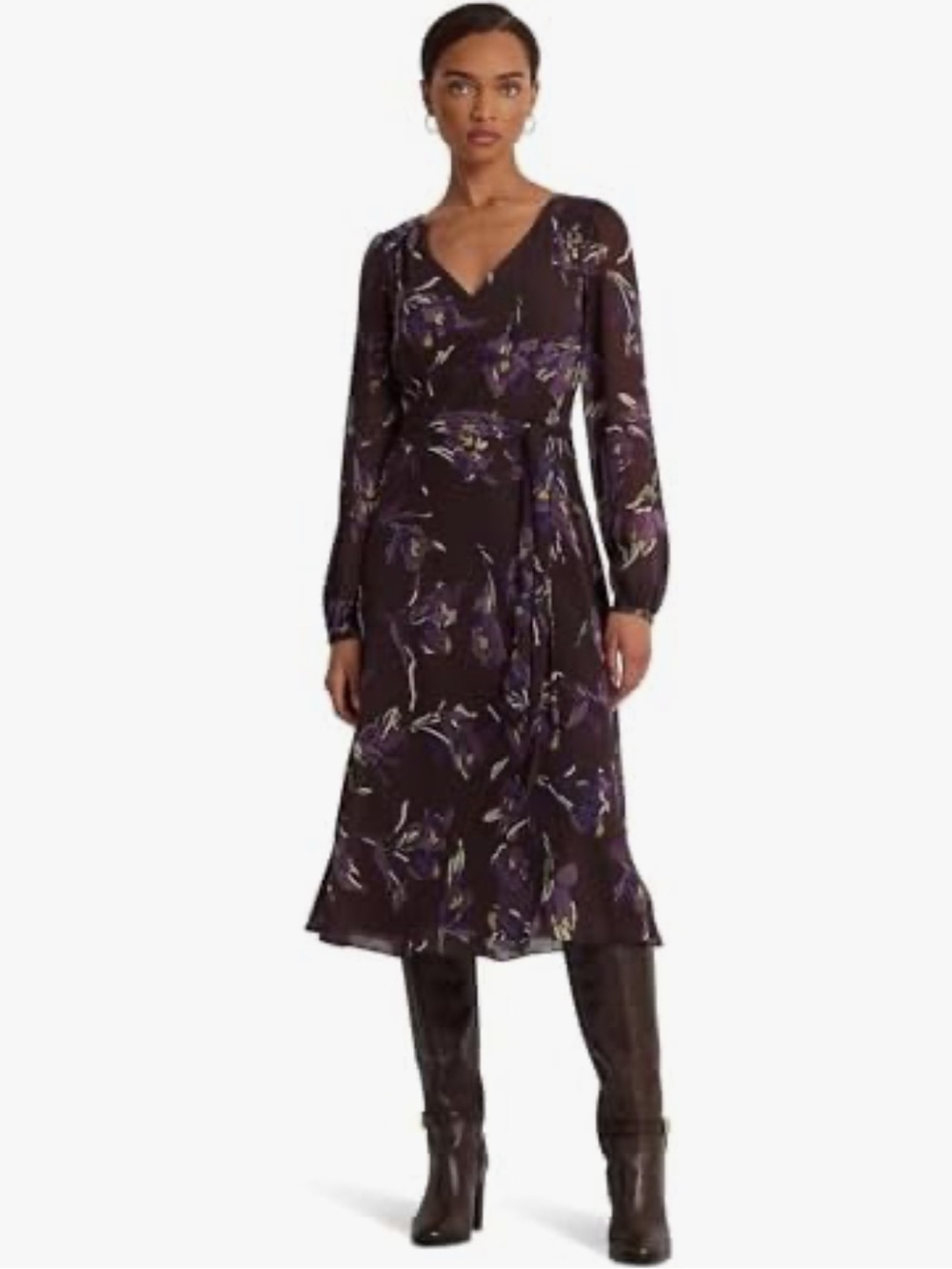 Ralph Lauren Brown Purple Floral Midi Dress